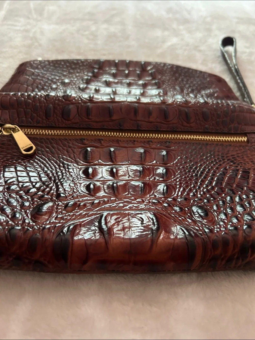 Brahmin Brown Croc-Embossed Leather Foldover Wristlet Clutch with Gold Hardware